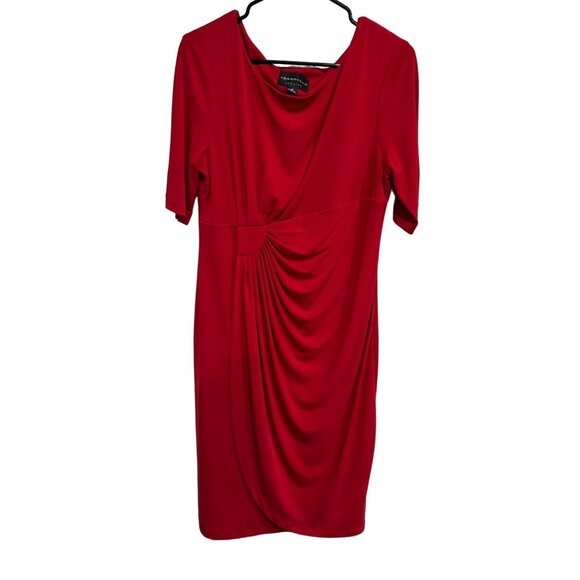 Connected Apparel Red Draped Knee Length Dress Size 12 Pleated Accent Waist - Picture 1 of 9